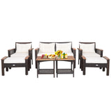 Tangkula 7 Piece Wicker Patio Furniture Set, Patiojoy Acacia Wood Patio Conversation Set with 2 Ottomans and 2 Storage Side Tables with Lower Shelf, Outdoor Cushioned Sectional Sofa Set (Off White) Tangkula