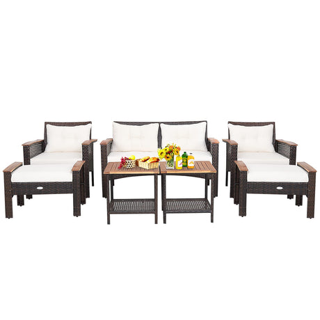 Tangkula 7 Piece Wicker Patio Furniture Set, Patiojoy Acacia Wood Patio Conversation Set with 2 Ottomans and 2 Storage Side Tables with Lower Shelf, Outdoor Cushioned Sectional Sofa Set (Off White) Tangkula