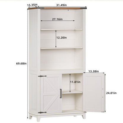 Joaxswe 5 Tier White Farmhouse Bookshelf with Barn Doors and Storage Cabinet - WoodArtSupply