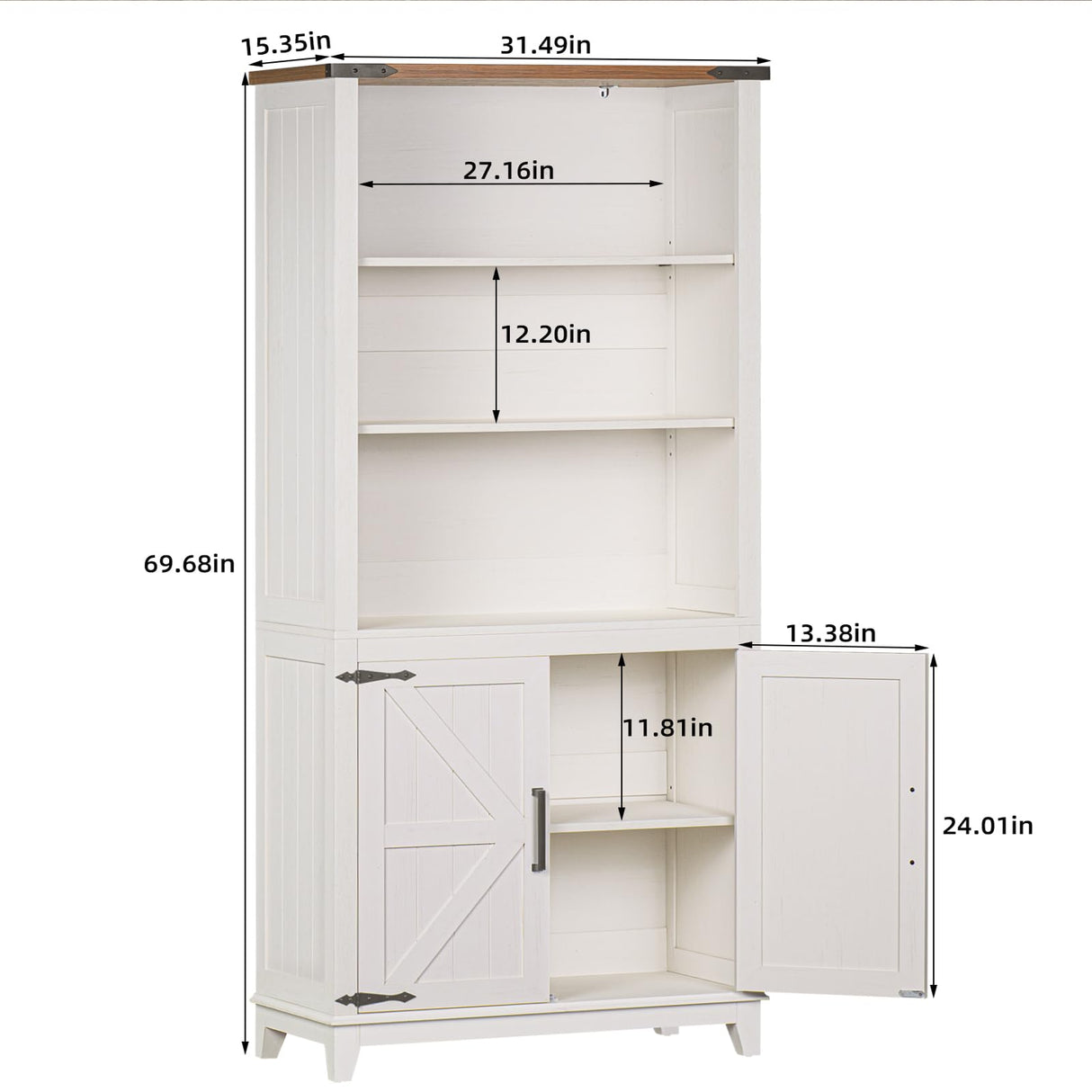 Joaxswe 5 Tier Bookshelf 70in Tall Bookcase with Barn Doors and Storage Cabinet, White Farmhouse Book Shelf with Adjustable Shelves, Wood Freestanding Display Bookshelves for Bedroom, Kitchen (2PCS) Joaxswe