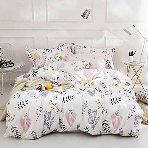 BuLuTu Floral Love Print Girls Duvet Cover Full White/Pink Cotton Premium Blossom Kawaii Reversible Kids Bedroom Comforter Cover Queen Duvet Cover for Toddler,Teen,Lightweight,Zipper Closure BuLuTu