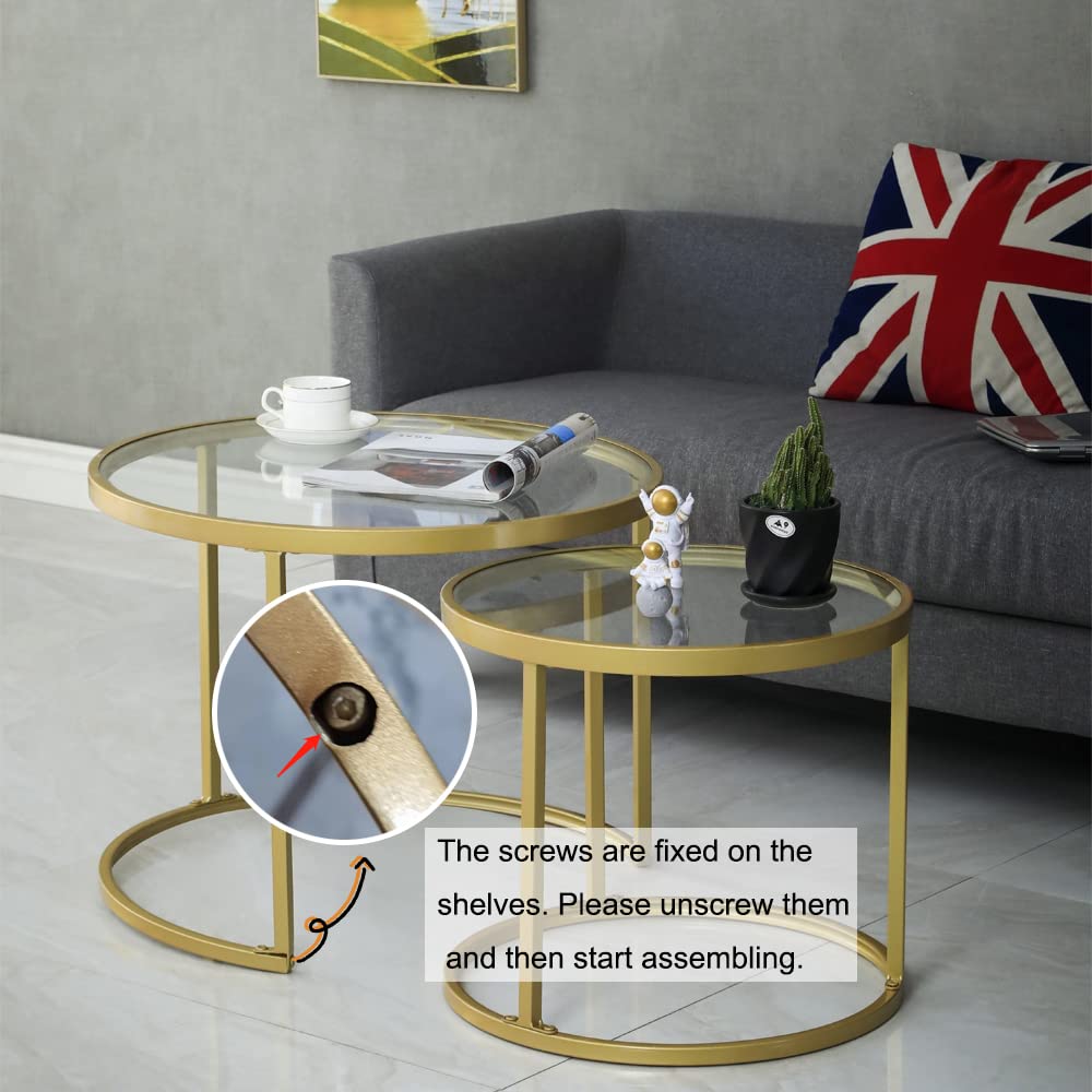 HEONITURE Gold Nesting Coffee Table Set of 2, Small Glass Nesting Tables for Living Room Bedroom, Accent Tea Table with Metal Frame HEONITURE
