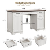 56" Farmhouse Executive Desk with File Drawer, Large Modern Computer Desk with Charging Station, Wood Home Office Desks with Storage, Adjustable Shelf, for Study Work Writing Living Room (White) ONBRILL