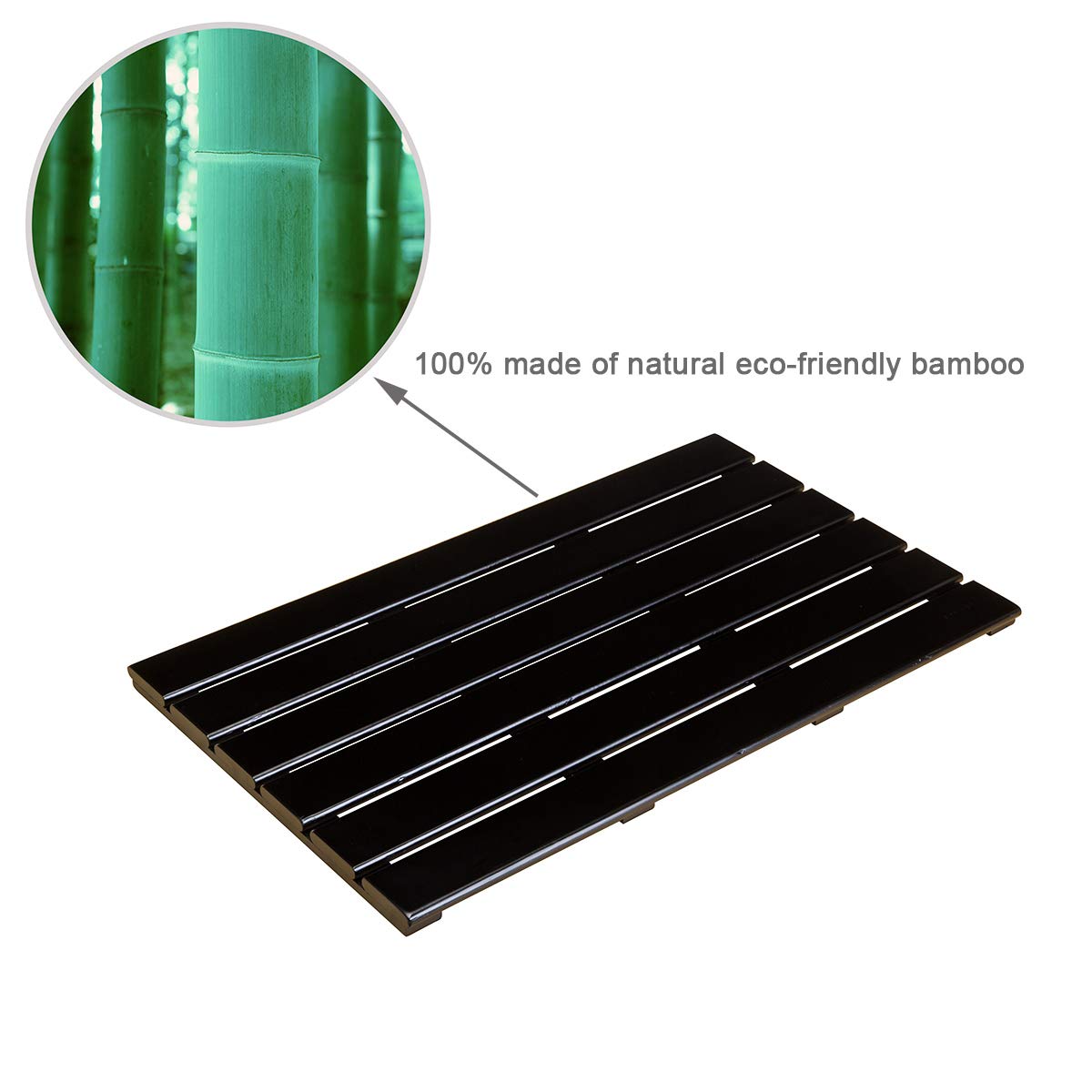 GOBAM Bamboo Bath Mat, Large, 26 x 15.8 x 1.3 inch - Non-Slip Floor Mat for Bathroom, Spa, Sauna, Kitchen, Indoor & Outdoor Spaces, Shower Mat for Bathroom Decor - (Black, 26" long) GOBAM