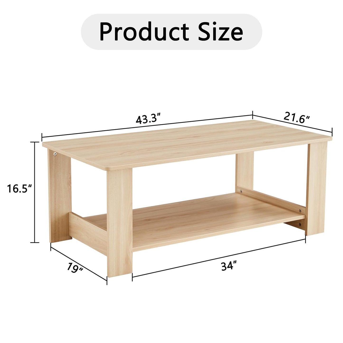 ZYLTHORN Coffee Tables for Living Room Small Coffee Tables for Small Spaces Wooden Coffee Table 2-Tier Coffee Table with Storage Double Layered (Natural Wood, 21.6"*43.3"*16.5")