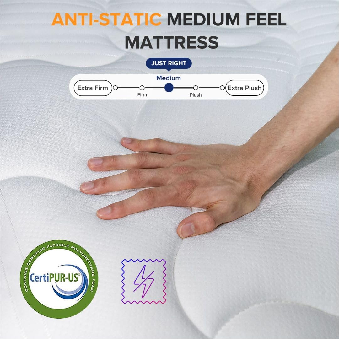 TXO King Size Mattress, 10 Inch Medium Firm Hybrid Mattress with Antistatic Breathable Euro Top Cover, Motion Isolation, Pressure Relief, King Mattress in a Box