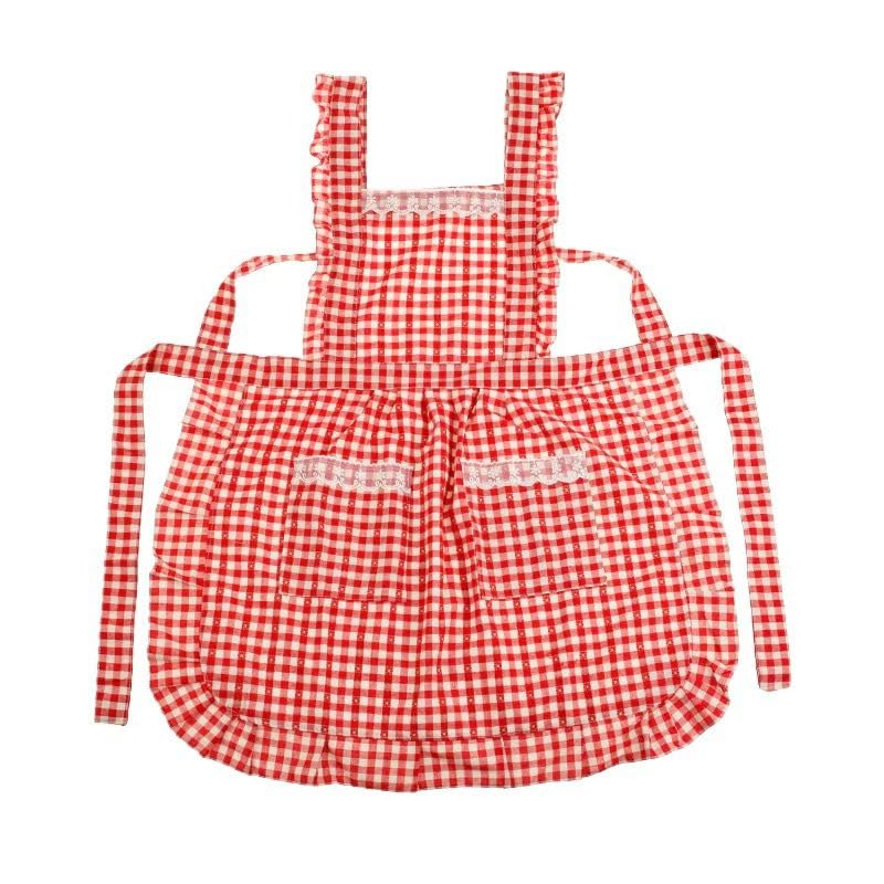 GIGGSKZE Plaid Apron Hat Set Cotton Chef Apron with Two Pockets for Cooking Kitchen Gardening Coffee Shops (Red)