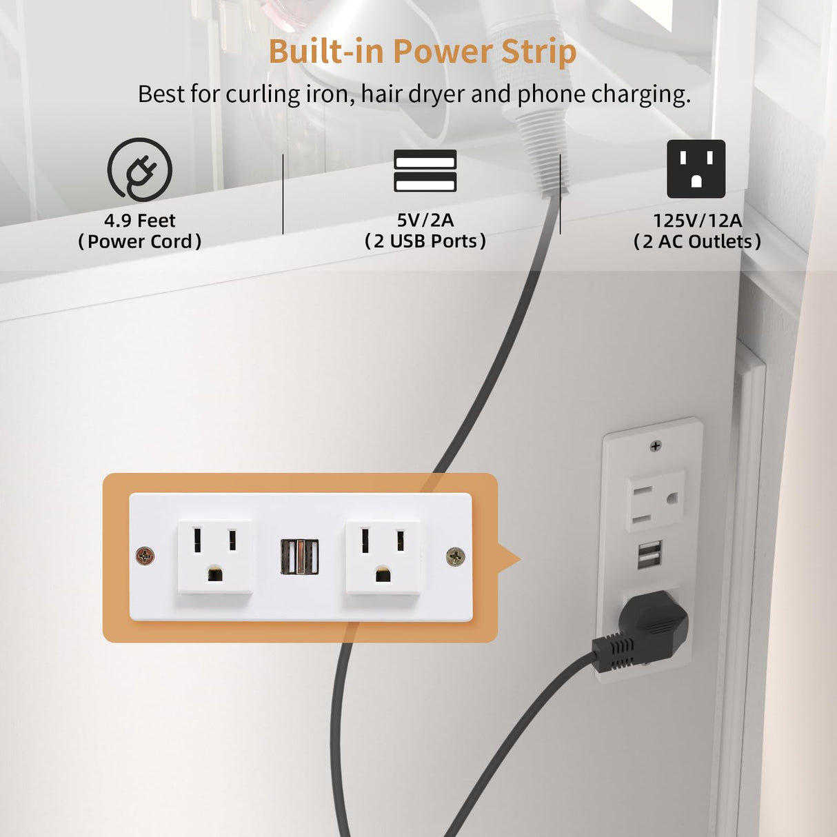 VOWNER Vanity with Lighted Mirror - Makeup Vanity Desk with Glass Top, Power Strip, Drawers and Shelves, 3 Color Lighting Modes Adjustable Brightness, Vanity Table with Cushioned Stool, 45'' L VOWNER