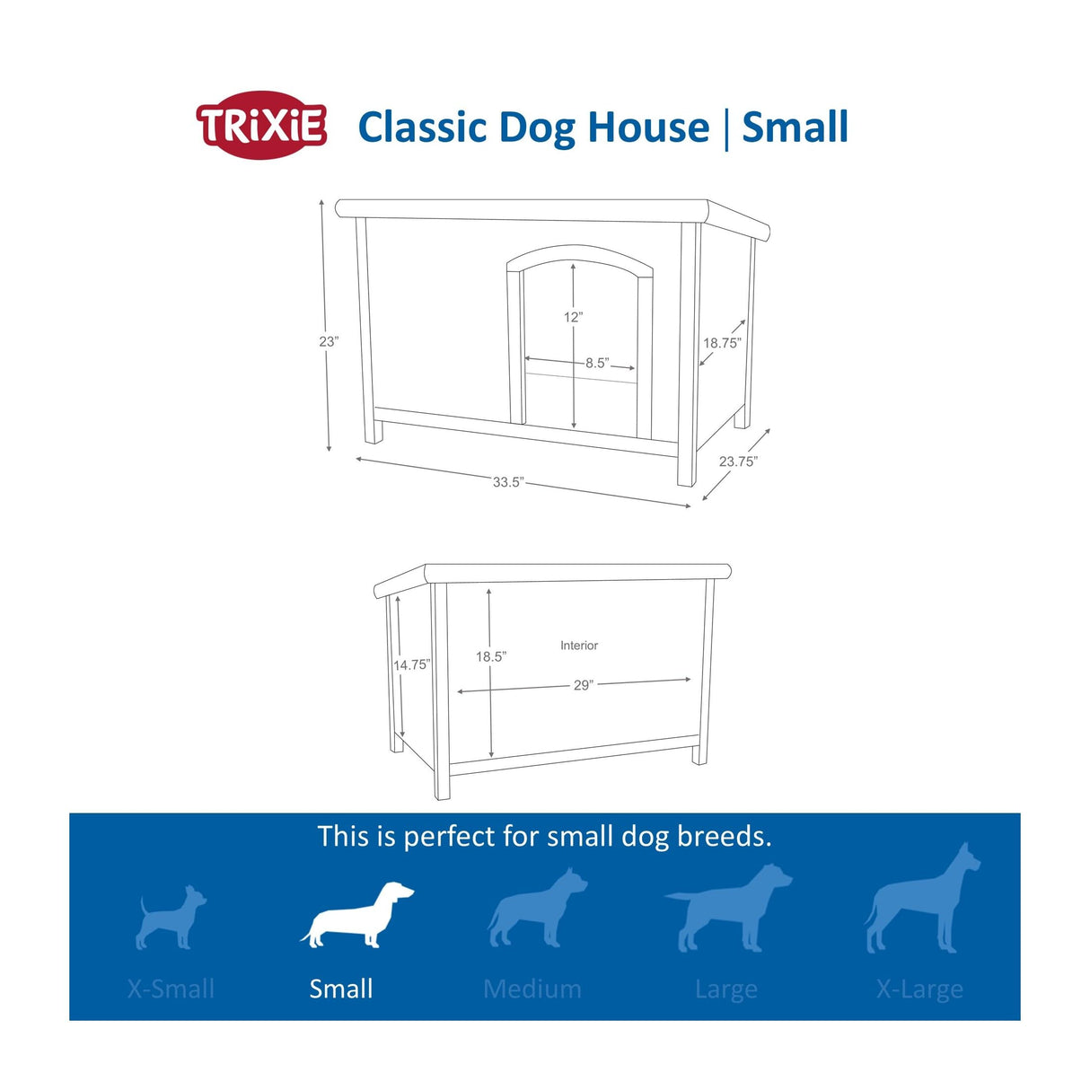 Trixie Natura Classic Dog House Small Outdoor Wooden Dog House with Weatherproof Sealer & Hinged Roof, Adjustable Legs for Small Dogs in Grey 23.75 x 33.5 x 23 in TRIXIE