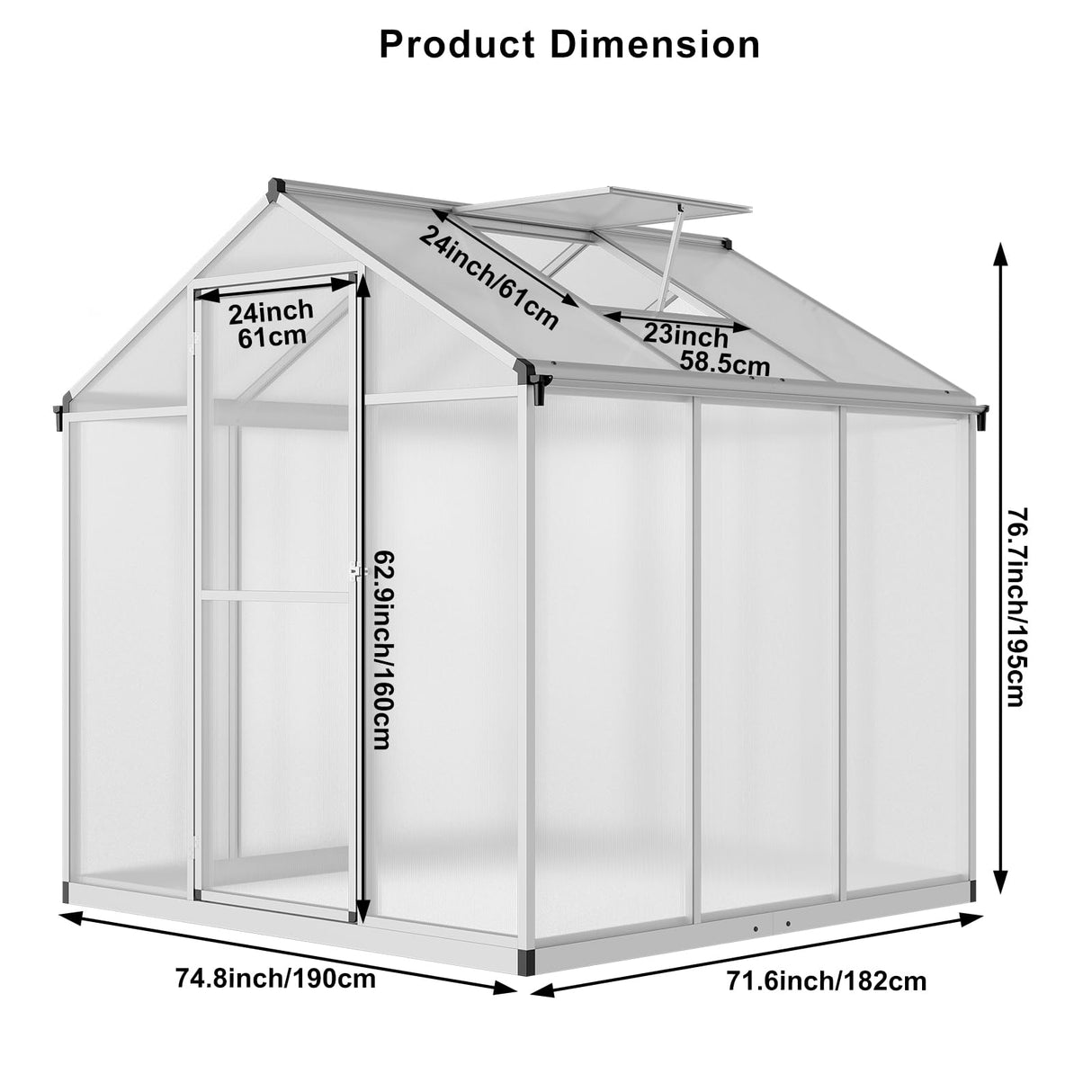 TROPOW 6.25 x 6 Ft Greenhouse for Outdoors with Quick Structure, Aluminum Alloy & Polycarbonate Green House with 24" x 23" Roof Windows Vent, Walk in Sunroom for Patio, Backyard, Garden,Silver TROPOW