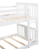 Montessori Floor Bunk Bed Twin Over Twin, Twin Bunk Bed with Slide and Ladder, Kids Bunk Beds with Guardrail Headboard and Footboard, Low Bunk Beds for Kids, Boys, Girls, Twin Bunk Bed White Bellemave
