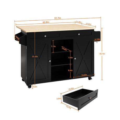 HLR Kitchen Island On Wheels, Rolling Kitchen Island Cart with Drop Leaf Countertop, Barn Door Kitchen Island Table with Storage Cabinet and Tower Rack, Island Table for Kitchen HLR