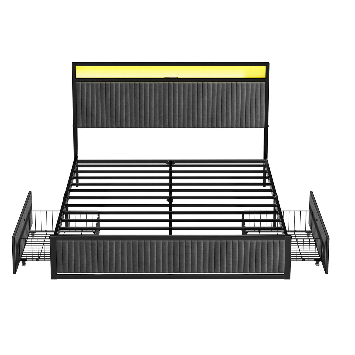 ROLETALENT Full Size Bed Frame with Headboard and Storage,Upholstered Bed Frame Full with Charging Station & LED,Velvet Platform Bed Frame with 2 Drawers,Metal Support,No Box Spring Needed，Dark Grey ROLETALENT