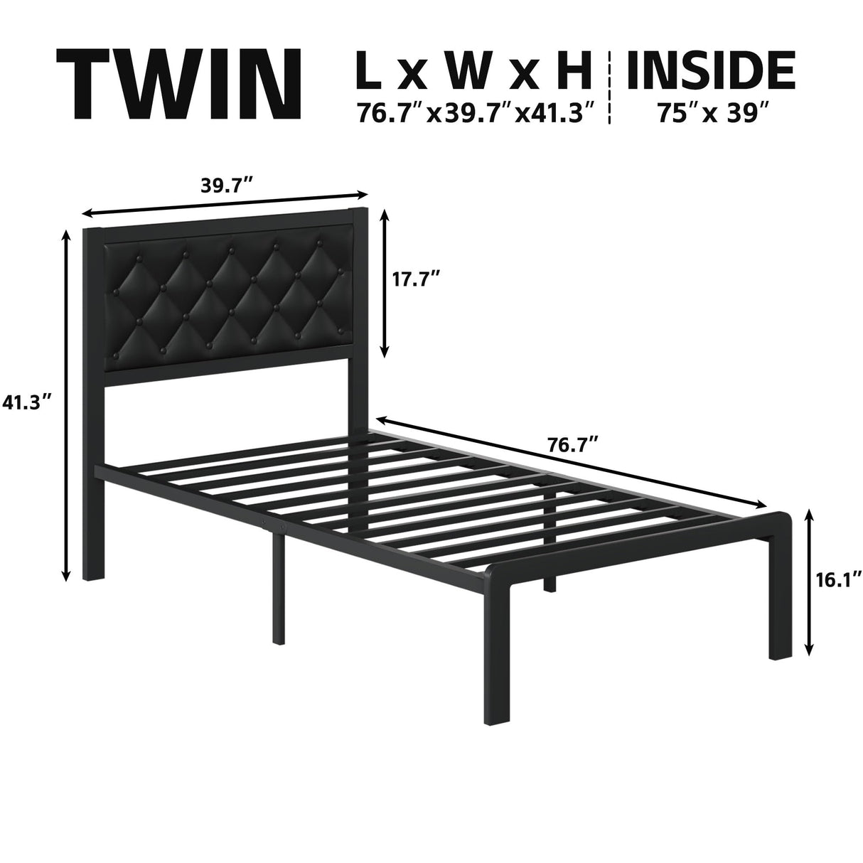 Fluest Twin Bed Frame with Headboard PU Leather Upholstered Bed Frame Platform,All Metal Slats Support Platform Bed Frame with Storage Space,Easy Assembly,Noise Free,No Box Spring Needed,Black Fluest
