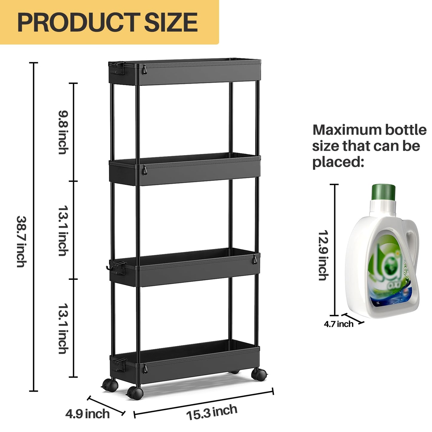 SPACEKEEPER Slim Rolling Storage Cart 4 Tier Organizer Mobile Shelving Unit Utility Cart Tower Rack for Kitchen Bathroom Laundry Narrow Places, Black