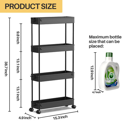 SPACEKEEPER Slim Rolling Storage Cart 4 Tier Organizer Mobile Shelving Unit Utility Cart Tower Rack for Kitchen Bathroom Laundry Narrow Places, Black