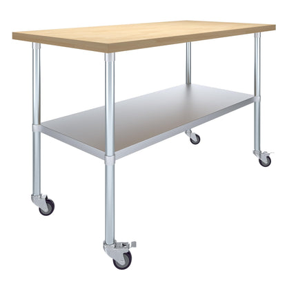 AmGood 30" x 60" Maple Wood Top Work Table with Adjustable Undershelf and Wheels - WoodArtSupply