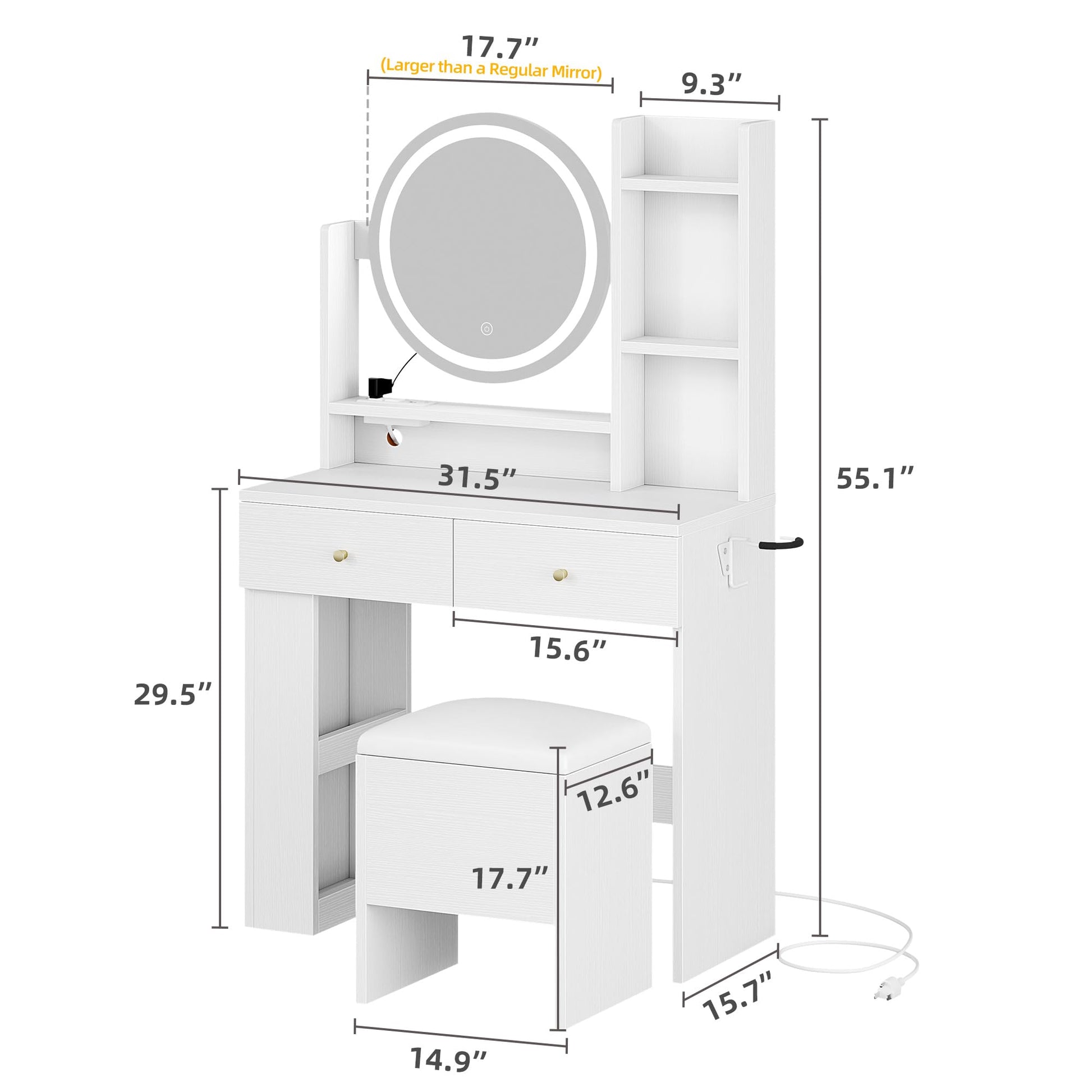 YITAHOME Vanity Desk Set with Large LED Lighted Mirror & Power Outlet - Makeup Table with 2 Drawers, 3 Open Shelves & Hair Dryer, Storage Stool for Bedroom, White - WoodArtSupply