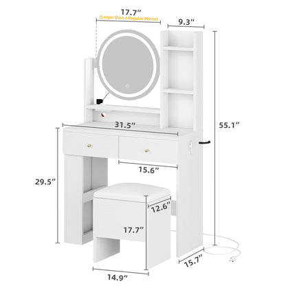 YITAHOME Vanity Desk Set with Large LED Lighted Mirror & Power Outlet - Makeup Table with 2 Drawers, 3 Open Shelves & Hair Dryer, Storage Stool for Bedroom, White - WoodArtSupply