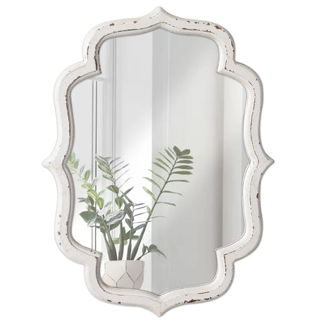 Sintosin Vintage Small Scalloped Wall Mirror Decorative 16" x 12", Hanging Rustic Distressed White Bathroom Mirrors for Vanity, Farmhouse Wood Quatrefoil Wall Mounted Mirror for Living Room Sintosin