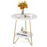 Tribesigns Faux Marble End Table, 2 Tier Round Side Table with Shelves, Modern Gold Nightstand Bedside Table Small Coffee Accent Table for Living Room Bedroom, White and Gold Tribesigns