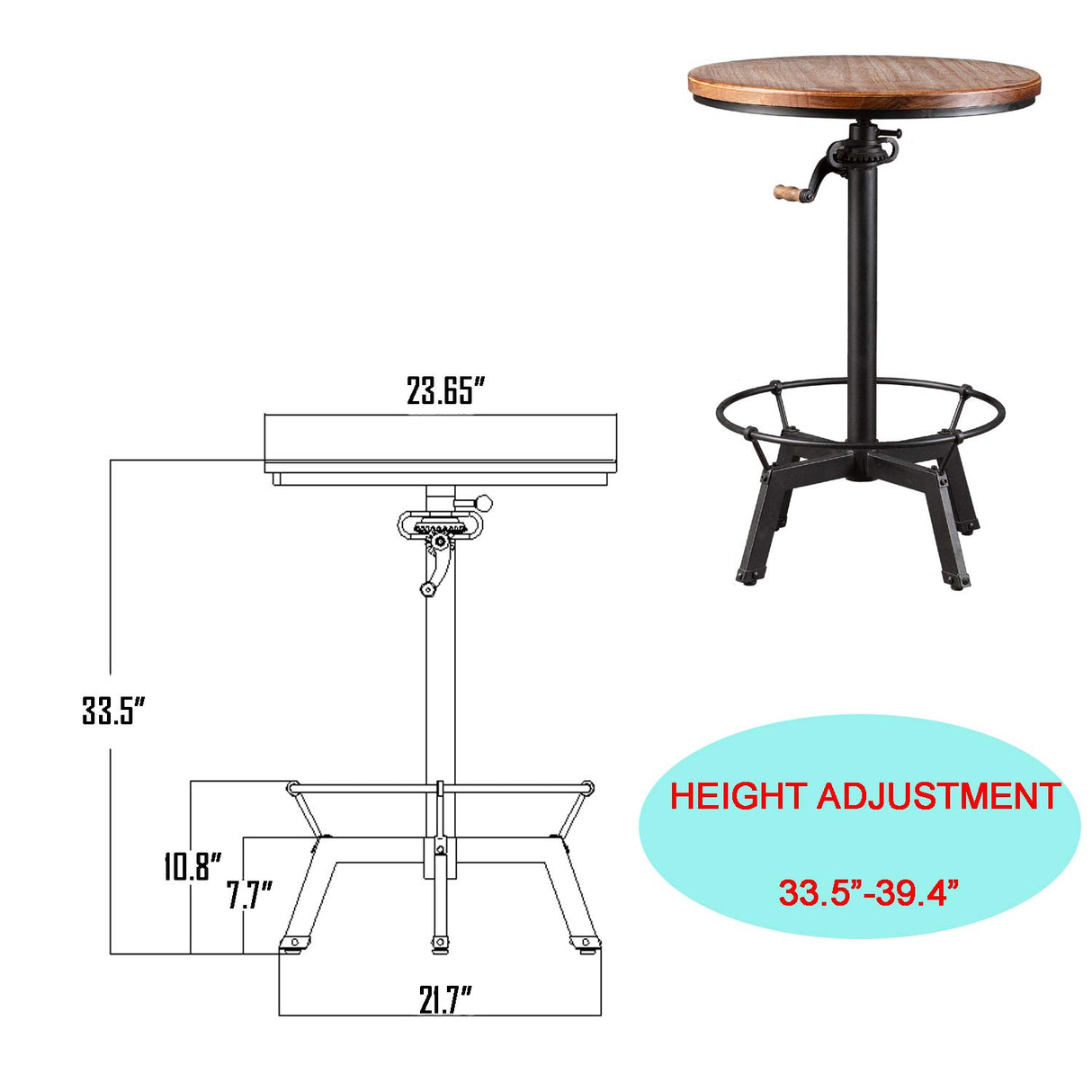 Topower Adjustable Height Industrial Pub Table with Round Wooden Top - Black Topower