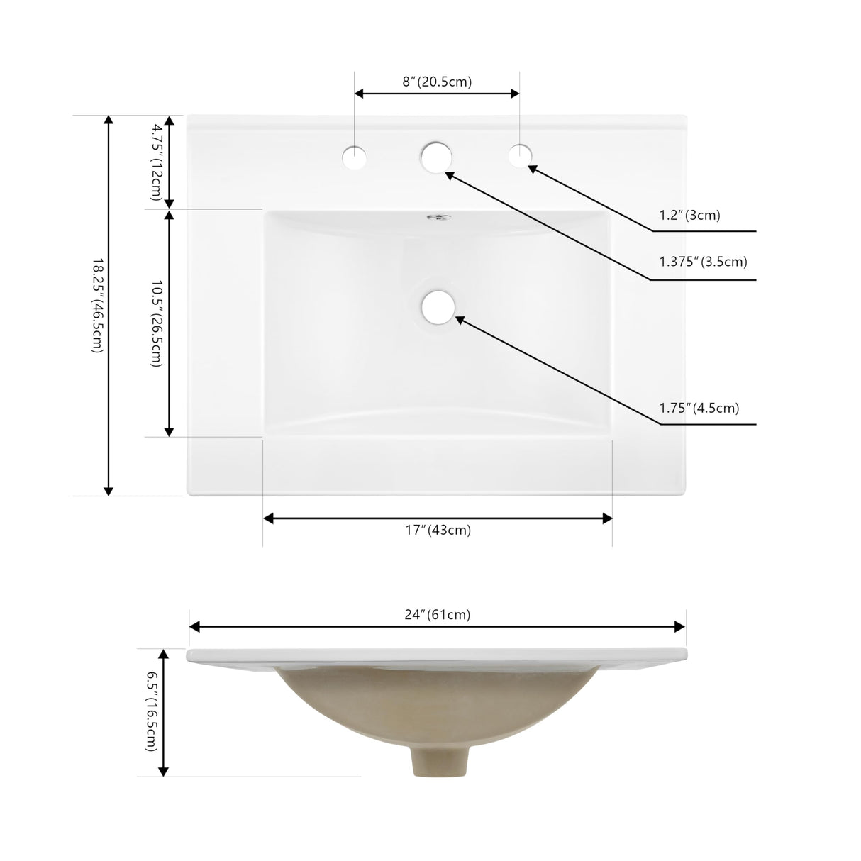JONATHAN Y SNK1001A Ancillary 3-Hole 24 in. W x 18.25 in. D Classic Contemporary Rectangular Ceramic Single Sink Basin Vanity Top, White JONATHAN Y