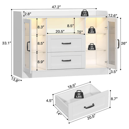 Melodyblue Buffet Cabinet with Drawers, 47 Inch Kitchen Cabinet, Versatile Glass Doors, Sturdy MDF Construction, Coffee Bar Cabinet for Dining Room (White, Buffet Cabinet with LED)