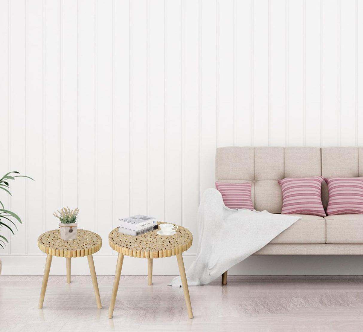 Round Coffee Table Set of 2, Farmhouse Nesting Coffee Table, Small Circle Wood Coffee Table, Mid Century Modern Nightstand, Boho Patio Side Table End Tables for Living Room Bedroom Balcony Outdoor ZYBT