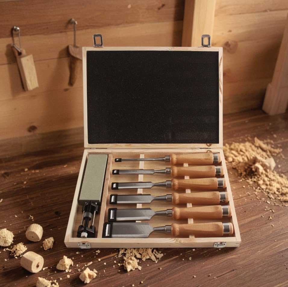 HODYANN 8 Pieces Wood Chisel Tool Sets, 11.4in Woodworking Carving Chisel Kit with Honing Guide, Sharpening Stone and Wooden Case HODYANN