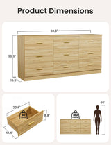 Miscoos 9 Drawer Dresser, 62.9" Large Deep Chest of Drawers,Wooden Dresser Storage Cabinet with 9 Drawers for Bedroom, Long Natural Dressers for Living Room, Hallway,Nursery Miscoos