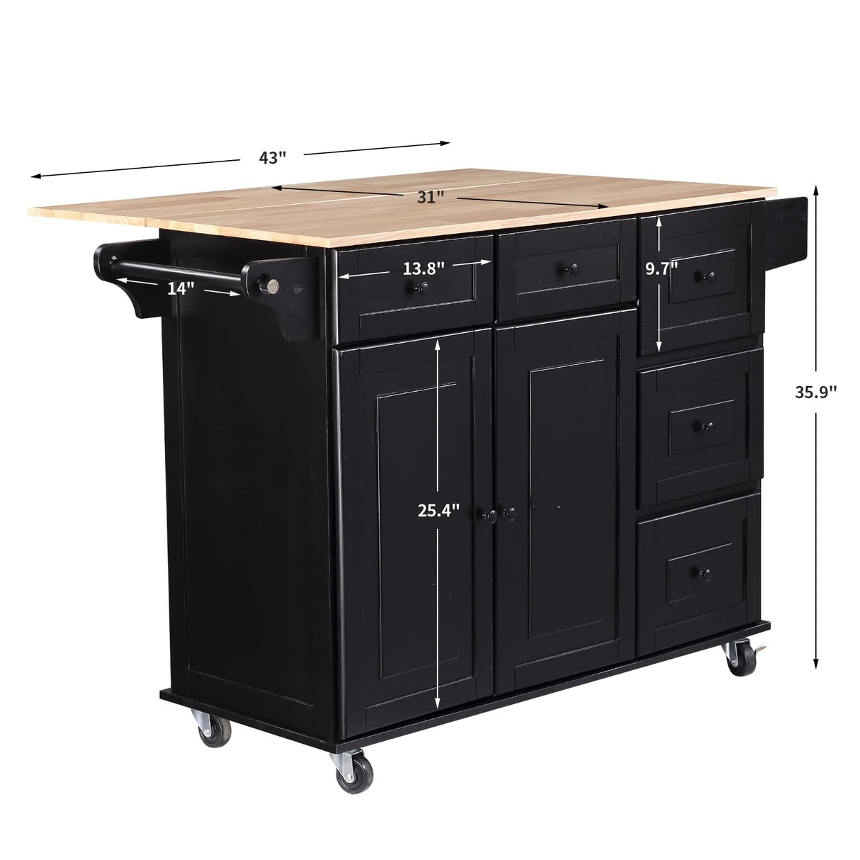 HOMREST Mobil Kitchen Island Cart with Drop Leaf, Kitchen Cart Rolling Mobile Island with Wooden Countertop, Spice Rack,Adjustable Shelves and Drawers, Island Table for Kitchen, Black HOMREST