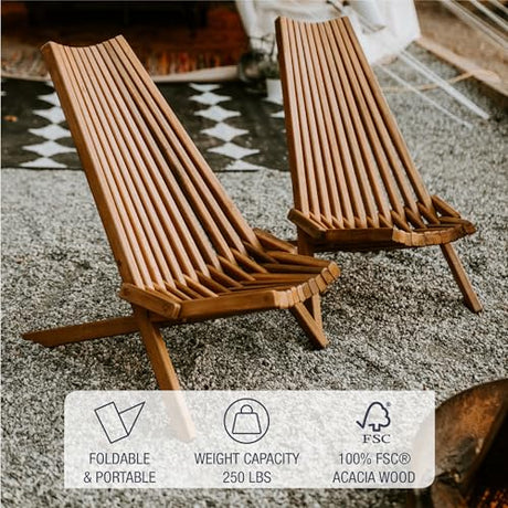 CleverMade Tamarack Folding Wooden Outdoor Chair -Stylish Low Profile Acacia Wood Lounge Chair for the Patio, Porch, Lawn, Garden or Home Furniture - Cinnamon CleverMade