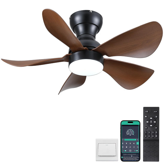 Kviflon Ceiling Fans with Lights and Remote/APP Control, 30 inch Low Profile Ceiling Fans with 5 Reversible Blades 3 Colors Dimmable 6 Speeds Ceiling Fan for Bedroom Dining Room, Wood Color - WoodArtSupply