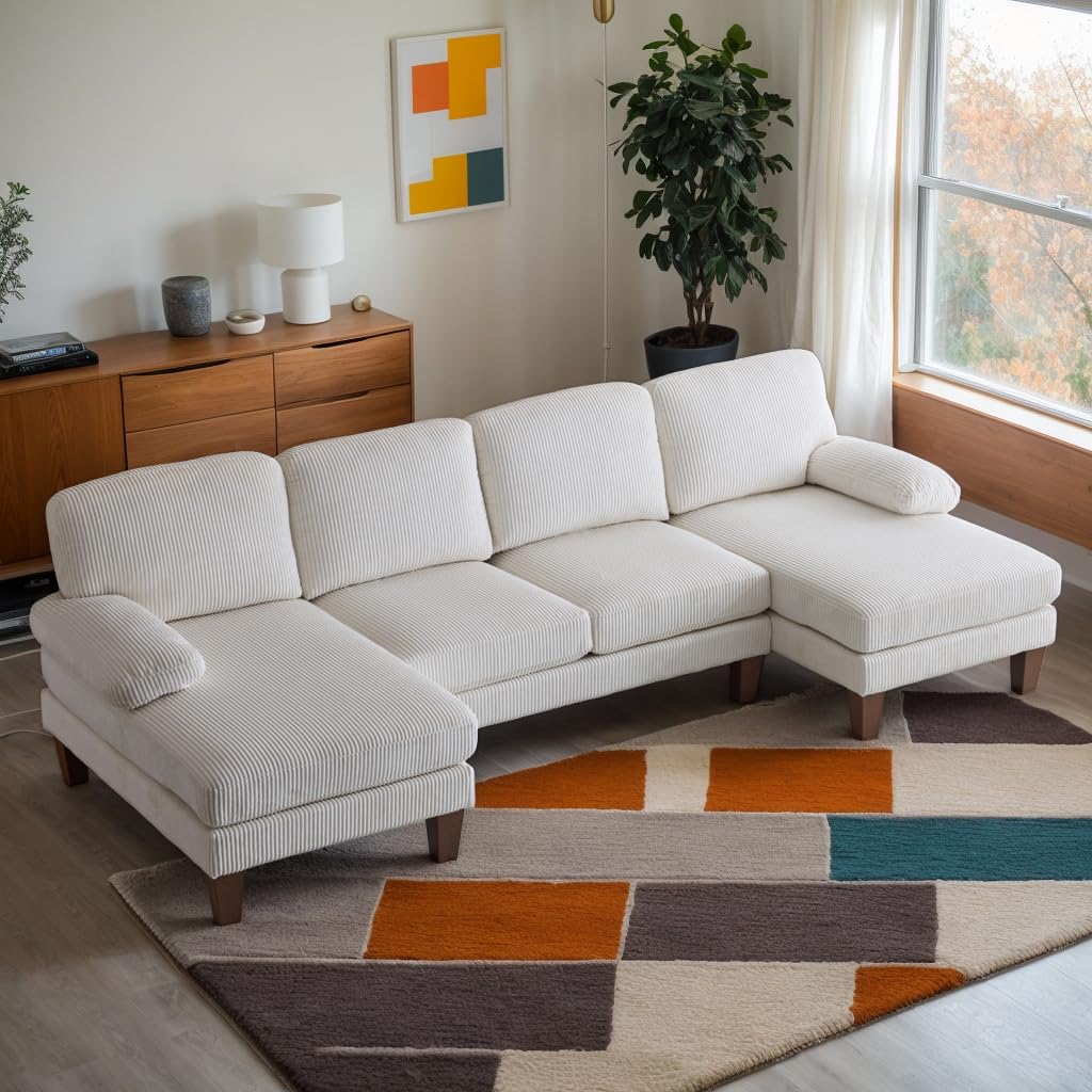 Karl home U-Shape Sectional Sofa Couch 111" Modern 4-Seat Sofa with Chaises Corduroy Fabric Upholstered Covertible Couch with Wood Grain Legs for Living Room, Reception Room, Apartment, Beige Karl home