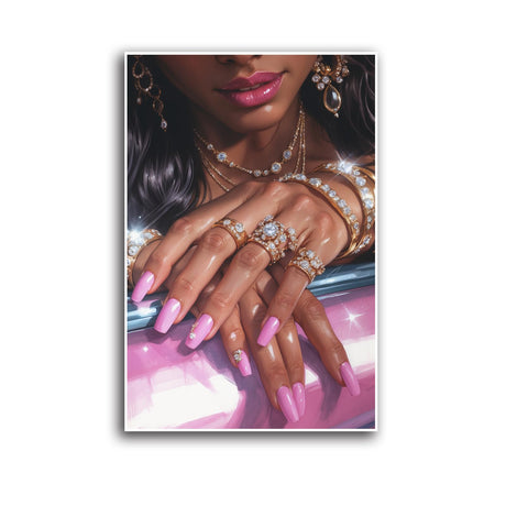African American girl colorful painting art luxury black girl art pink nails diamond jewelry fashion wall painting ideal for bedroom decoration 8x12in Frameless Generic