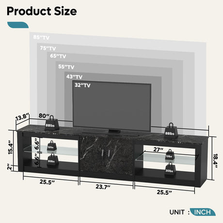 Bestier 80 Inch TV Stand for 75/85/86 inch TVs, LED Gaming Entertainment Center for PS5 with Storage Cabinet &Adjustable Glass Shelves, Modern TV Console Table for Living Room Bedroom, Black Marble Bestier