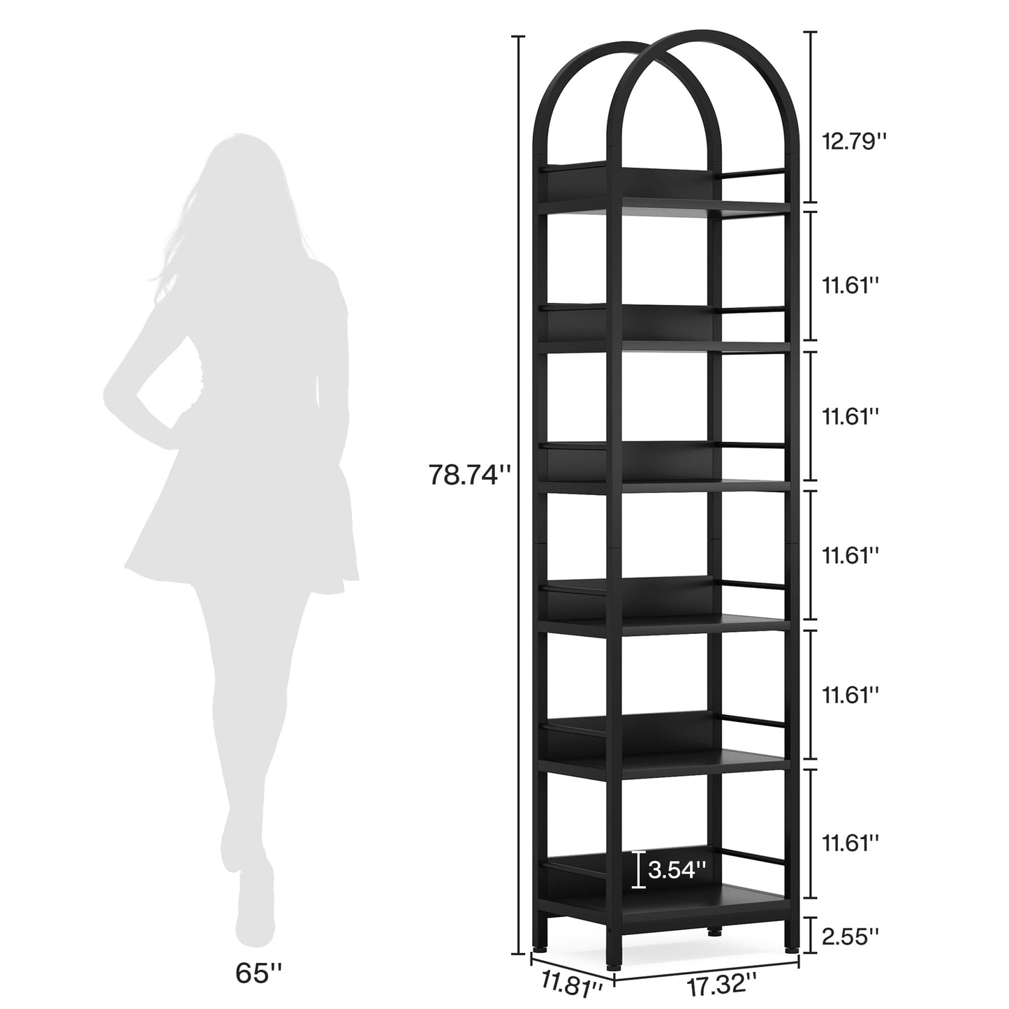 Tribesigns 78.7" Arched Industrial Wood 6-Tier Bookshelf with Metal Frame - Black Storage Organizer - WoodArtSupply