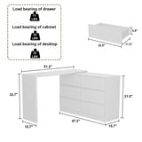 Hitow 6 Drawer Double Dresser with Makeup Vanity Desk, Deformable Wood Dresser Chest with Multifunctional Tabletop, Storage Chest of Drawers for Bedroom, White (51.2" W x 15.7" D x 31.5" H)