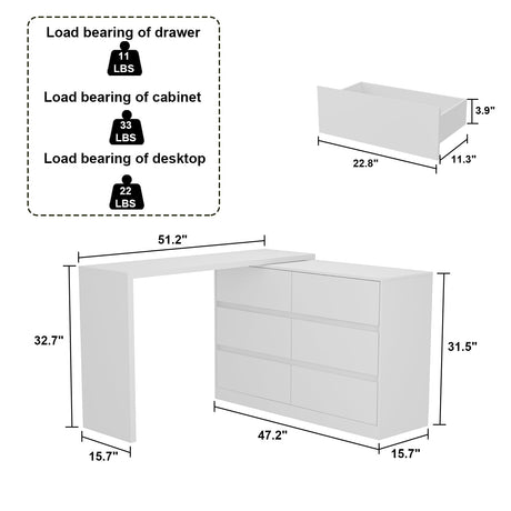 Hitow 6 Drawer Double Dresser with Makeup Vanity Desk, Deformable Wood Dresser Chest with Multifunctional Tabletop, Storage Chest of Drawers for Bedroom, White (51.2" W x 15.7" D x 31.5" H) Hitow