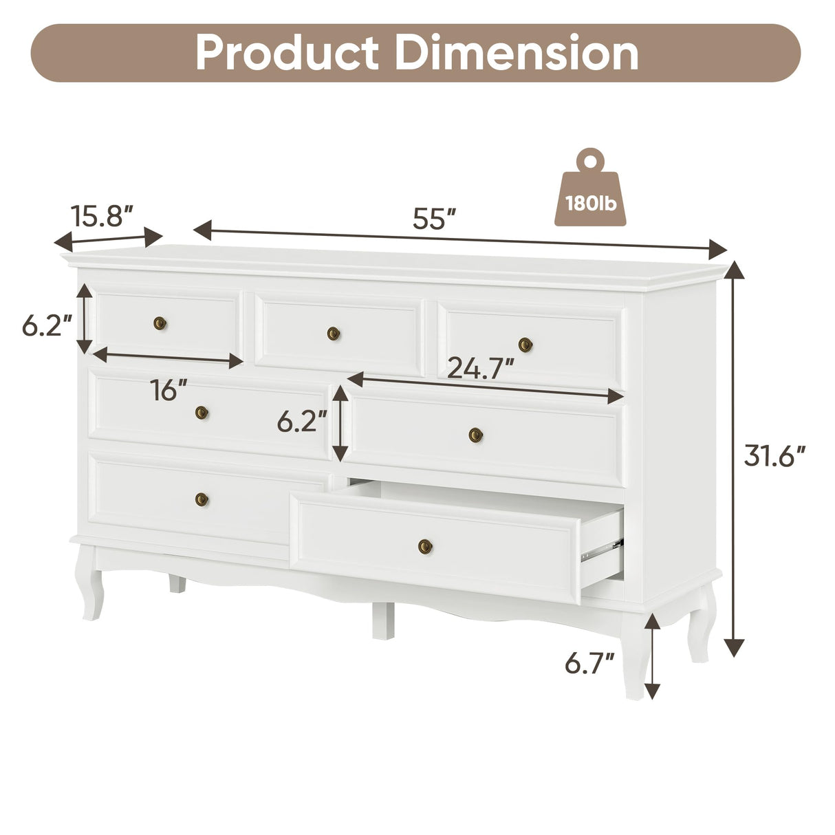 RoyalCraft White 7 Drawer Dresser for Bedroom, Modern Chest of Drawers with Solid Wood Legs and Painted Finish, Wooden Storage Closet Cabinet Organizer for Living Room, Hallway RoyalCraft