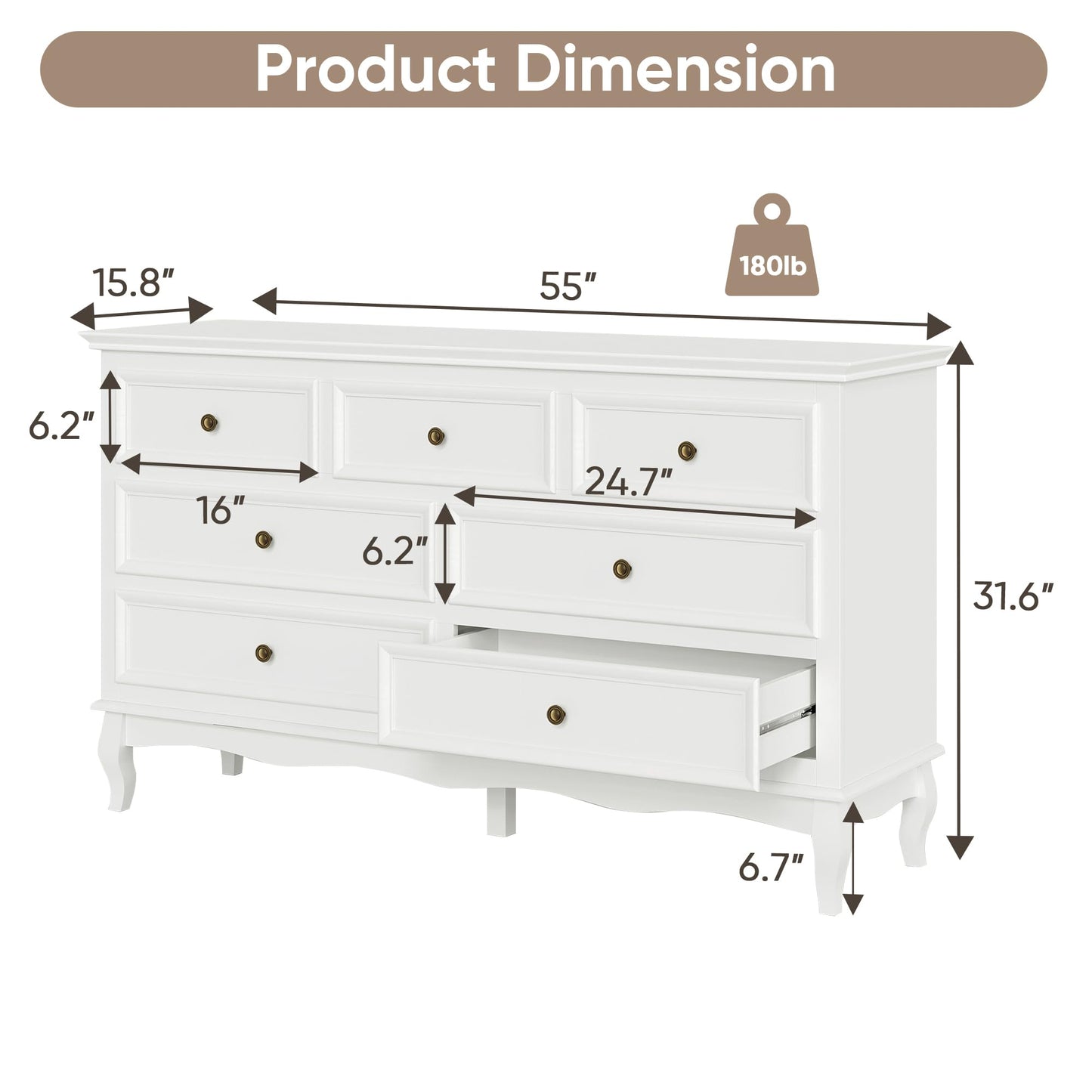 RoyalCraft White 7 Drawer Dresser for Bedroom, Modern Chest of Drawers with Solid Wood Legs and Painted Finish, Wooden Storage Closet Cabinet Organizer for Living Room, Hallway