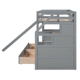 Bellemave Twin Over Twin Bunk Bed with 4 Drawers and Storage Staircase, Wood Bed Frame with Desk and Shelves, Twin Beds with Slide and Full-Length Guardrails for Kid's Room or Dormitory, Gray Bellemave