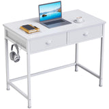 Furologee White Small Computer Desk with 2 Fabric Drawers, 36 Inch Simple Home Office Writing Desk, Vanity Desk with Hooks, Study Desk for Bedroom Small Spaces Furologee