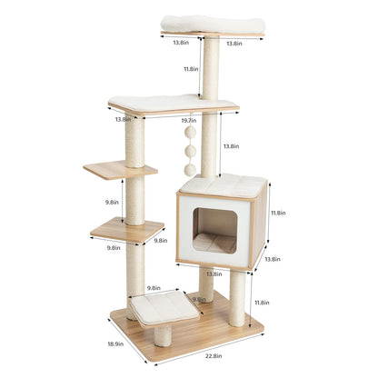 Arlopu 55” Tall Modern Cat Tree Tower for Indoor Cats, Wooden Cat Climbing Stand Furniture, 6 Level Platform Cat Activities Condo House w/Scratch Post, Washable Mats&Top Perch, for Kittens&Large Cats