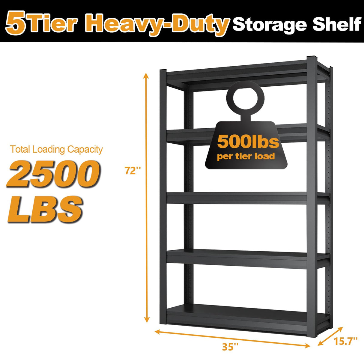 VRTCP 72H Metal Kitchen Storage Shelves, 2500 LBS Heavy Duty Garage Shelving Unit, 5-Tier Adjustable Pantry Shelves, Food and Beverage Storage Rack, Appliance Storage Utility Shelf for Balcony - Black VRTCP