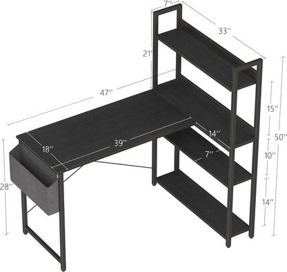 Treesland 47 Inch L-Shaped Computer Desk with Bookshelf and Storage Solutions in Black - WoodArtSupply