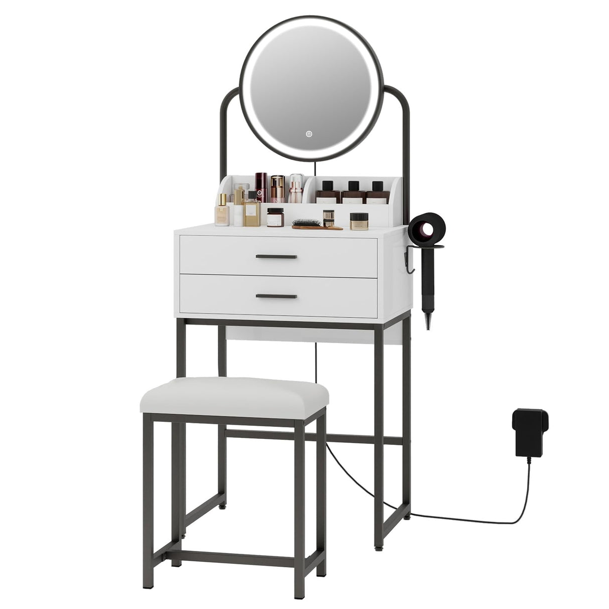 ARTETHYS Small Vanity Desk with Mirror and Lights Compact Makeup Vanity Set with Drawers for Bedroom Mini White Modern Dressing Table with Chair ARTETHYS