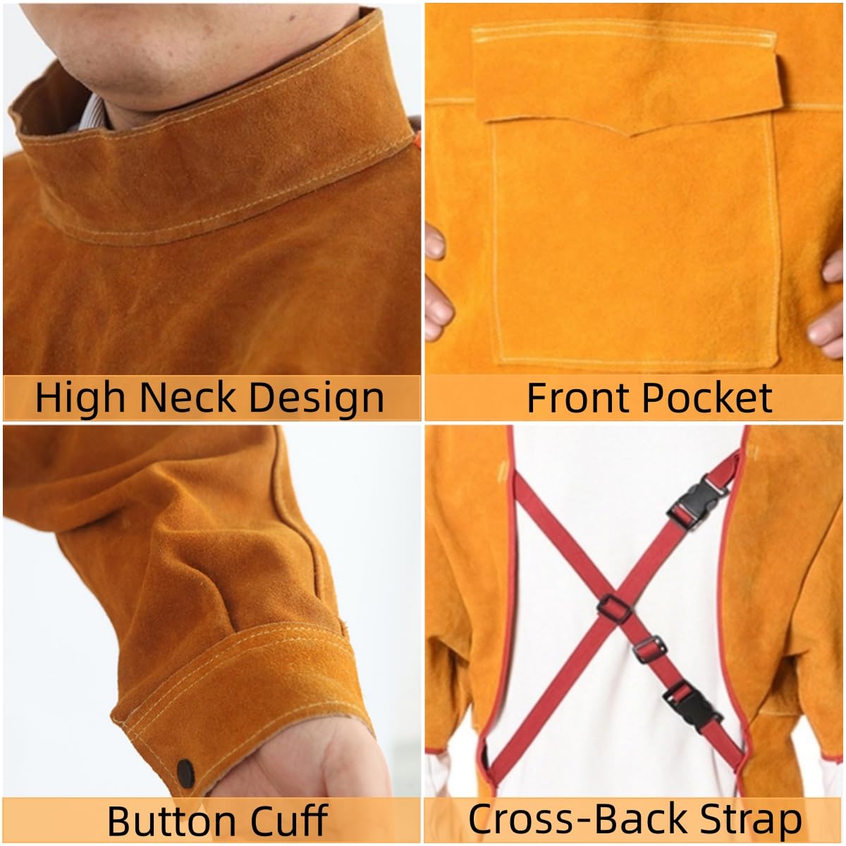 Senvitate Leather Welding Apron with Long Sleeve, Flame Resistant Welding Jacket for Men, Heavy Duty Weld Coat Blacksmith Work Apron Senvitate