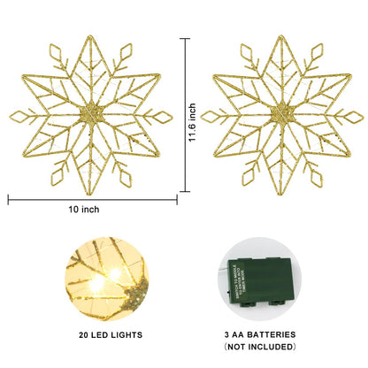 Christmas Tree Topper, PHITRIC 10 Inches Lighted Gold Snow Tree Topper, 20 LED Lights Gold Glitter Powder Tree Toppers Christmas Decorations, Battery Powered Timer Xmas Treetop Star Decor